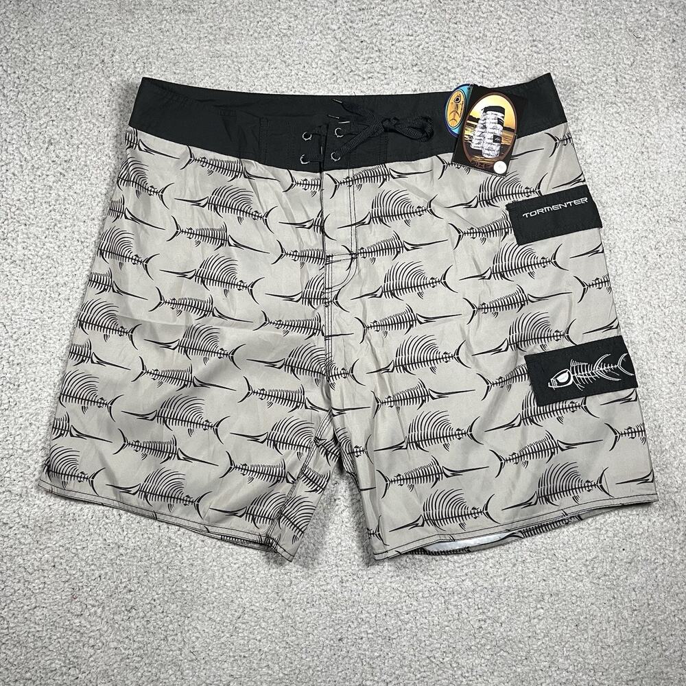 Tormenter Board Shorts 40 Gray Fish Print Skeleton SPF-35 Swim Trunks Surf Beach